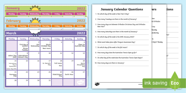 australian calendar 2022 activity sheets