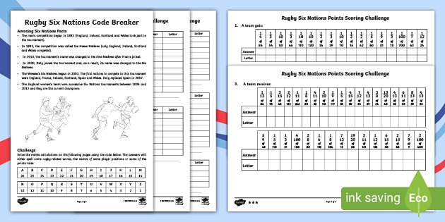 KS2 Rugby Six Nations Code Breaker Maths Worksheets