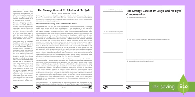 Third Level Jekyll And Hyde Comprehension Worksheet Worksheet