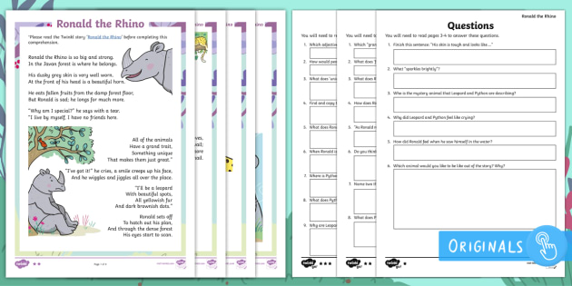 FREE! - Year 2 Ronald The Rhino Differentiated Comprehension Worksheets
