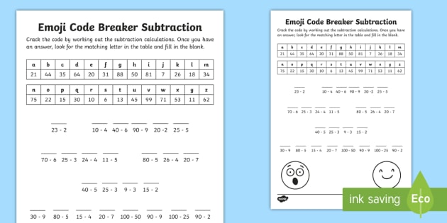 Ks1 Emoji Subtraction Code Breaker Worksheet