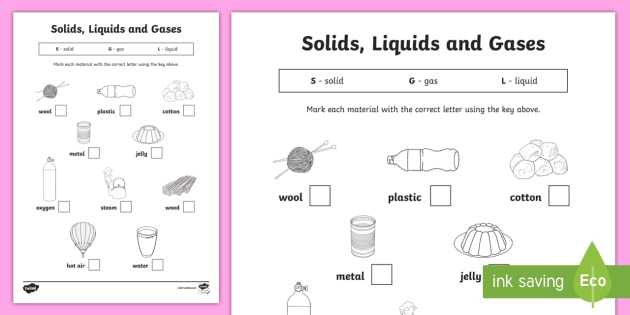 Solids Liquids and Gases Worksheet - materials, solids liquids