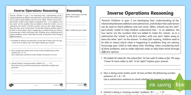 year 2 maths reasoning about inverse operations homework worksheet