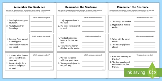 Working Memory Remember The Sentence Cards