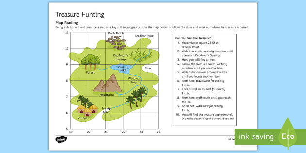 Treasure Hunt Worksheet / Activity Sheet - map, read, skill, geography