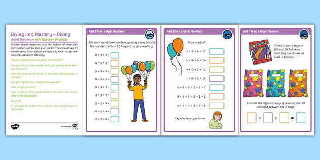 Year 2 Diving into Mastery: Add Three 1-Digit Numbers Activity Cards