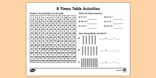 8 times tables multiplication worksheets