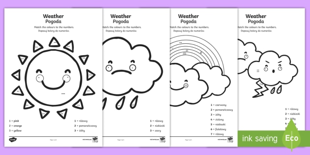 Weather Color By Number Counting Worksheet English Polish Weather Color By