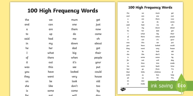 Free 100 High Frequency Words List