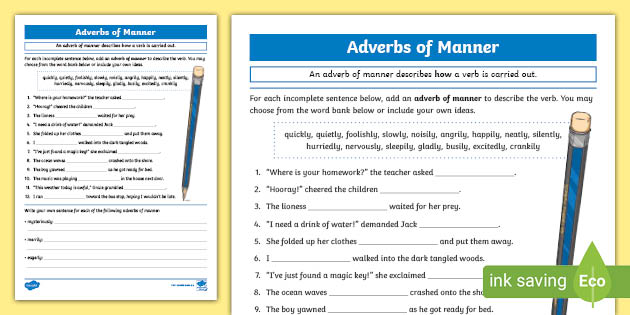 Adverb Of Manner Time And Place Worksheet For Grade 4