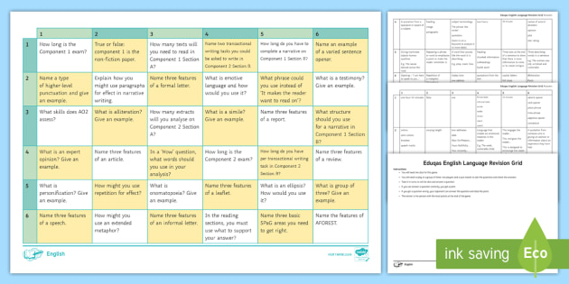 Gcse Revision Grid Game Activity To Support Teaching On Eduqas English