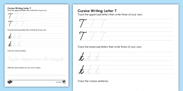 t in cursive writing printable worksheet kindergarten