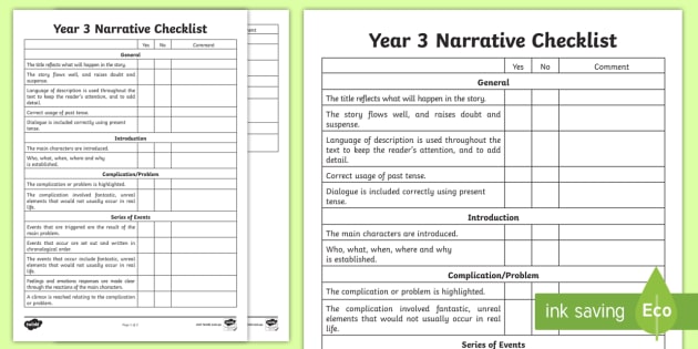 Year 3 Narrative Checklist - English curriculum, writing