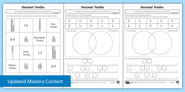 recognising tenths y4 maths differentiated activity sheets