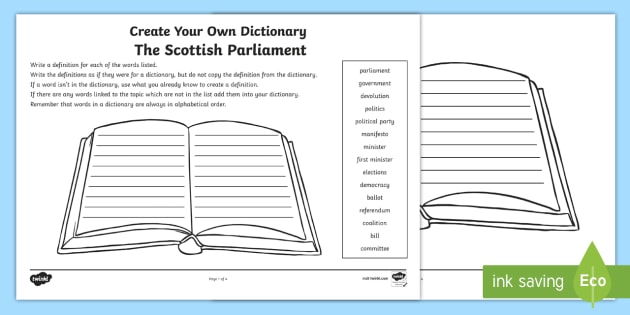 The Scottish Parliament Keywords Create Your Own Dictionary Worksheet