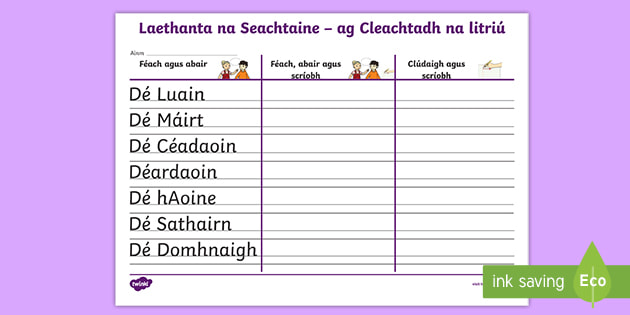 Days of the Week Spelling Practice Worksheet Gaeilge