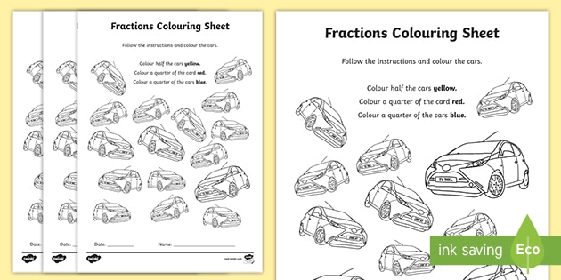 Fractions Halves And Quarters Cars Coloring Sheet