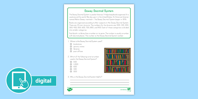 second grade dewey decimal system reading passage comprehension activity