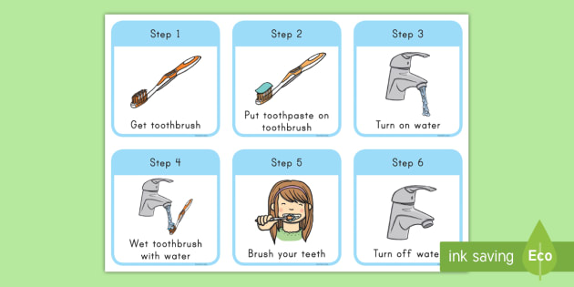 Brushing Teeth Step-by-Step Instructions - toothpaste, toothbrush, water