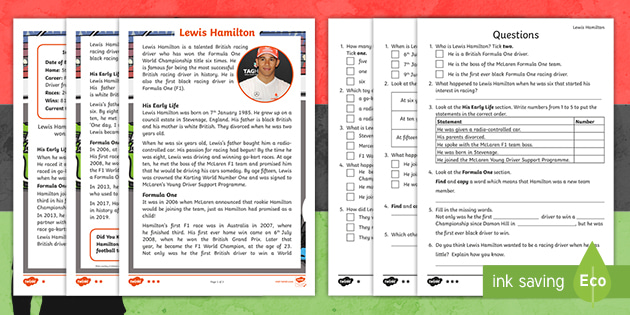 Cfe First Level Lewis Hamilton Differentiated Reading Comprehension Activity