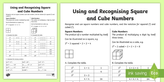 Using And Recognising Square And Cube Numbers Worksheet