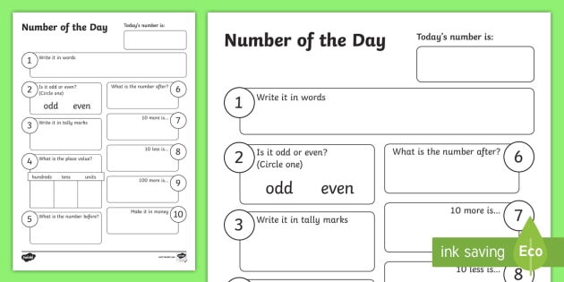 Number Of The Day Worksheet | K-3 Math | Easy Download