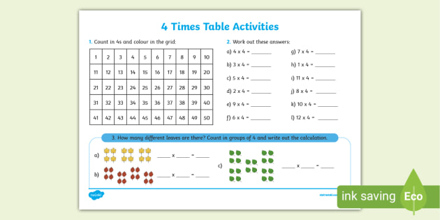 printable four times table worksheet primary