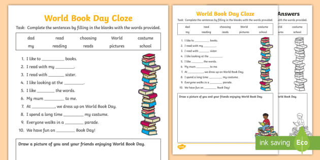 world book day cloze worksheet teacher made