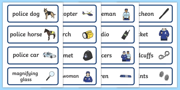 Police Word Cards - police, police role play, props, services