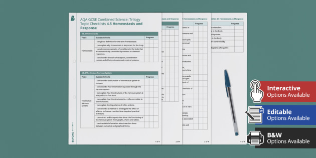 AQA GCSE Combined Science: Trilogy Topic Checklists - 4.5 Homeostasis and Response