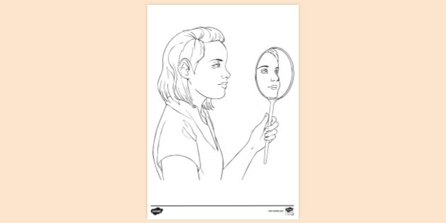 Young Girl Looking at Mirror Colouring Sheet | Colouring