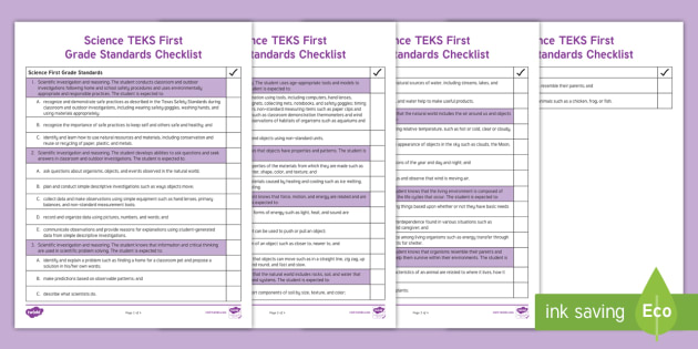 Science TEKS First Grade Standards Checklist (teacher made)
