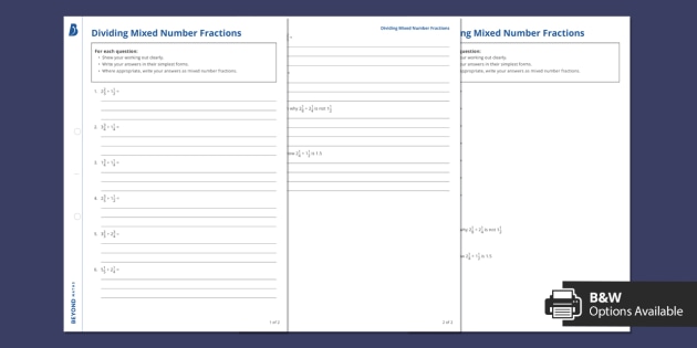 dividing mixed number fractions worksheet worksheet