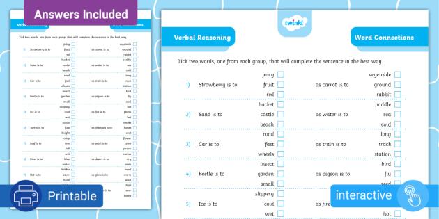 Verbal Reasoning - Word Connections - Twinkl Puzzled