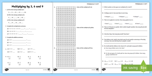 multiplying by 3 6 and 9 worksheets teacher made