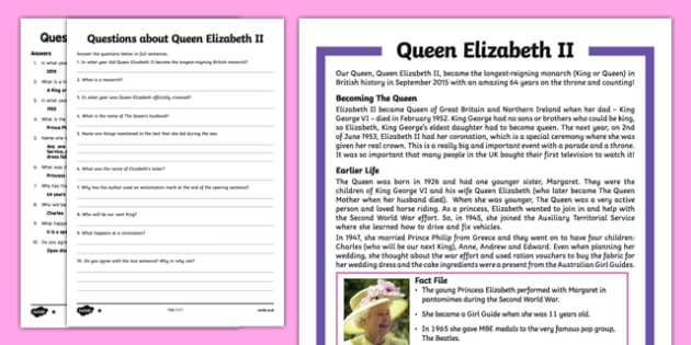 Queen Elizabeth II Upper KS2 Differentiated Reading Comprehension Activity