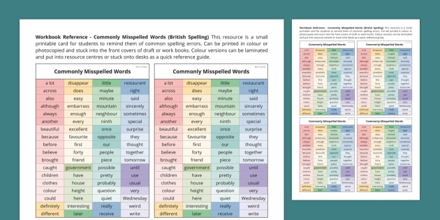 Commonly Misspelled Words Reference Sheet