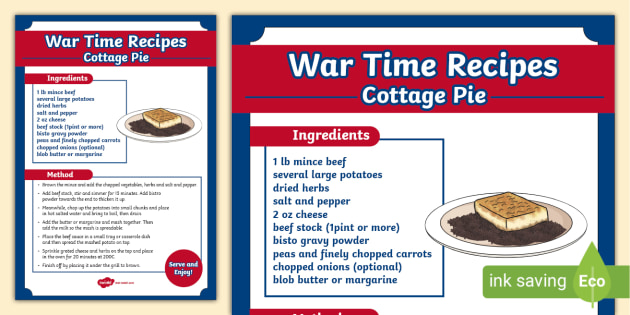 Ww2 Rabbit Pie Wartime Cottage Pie Recipe KS2 (teacher made)
