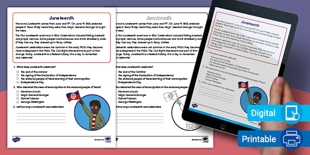 second grade juneteenth reading comprehension activity