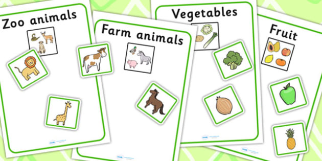 fruit vegetables farm animals and zoo animals sorting activity