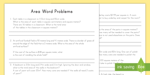 Area Word Problems Math Activity Teacher Made