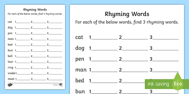 Free Rhyming Words Worksheet Worksheets Worksheet Work Sheet