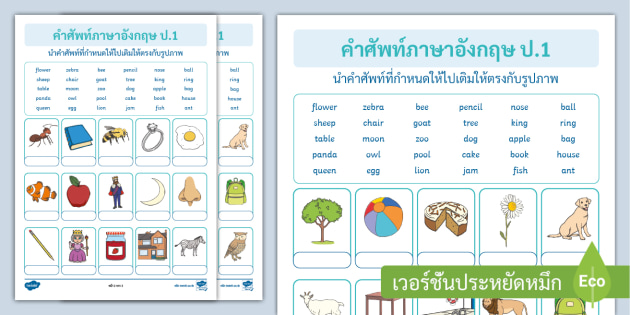 แบบฝึกหัดคําศัพท์ภาษาอังกฤษ ป.1 - Vocabulary Worksheet