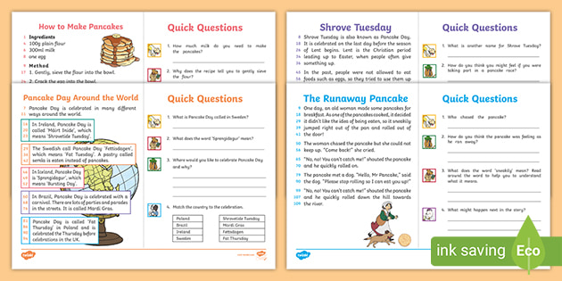 KS1 Pancake Day 60-Second Reads Activity Pack