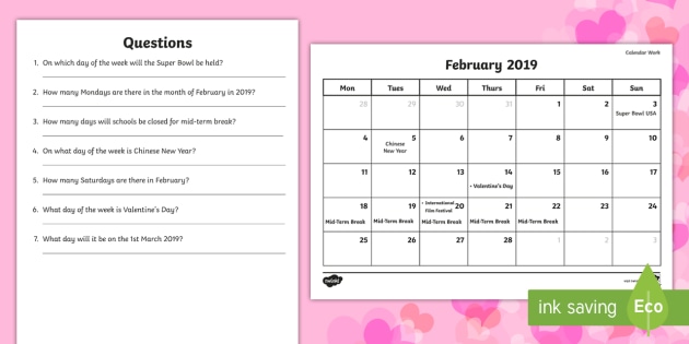 Problem Solving Calendar Work February 2019 Worksheet Worksheet