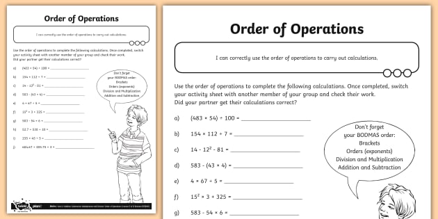 Order of Operations Worksheet - Addition, Subtraction, Multiplication and
