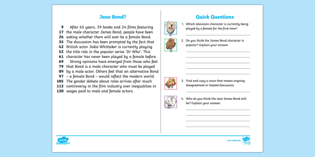 Uks2 Female Bond Daily News 60 Second Read Activity Cards