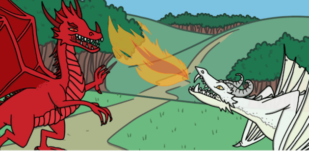 A white and a red dragon fighting with fire.