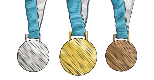 Gold, silver, and bronze medals.