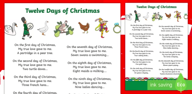 12 Days Of Christmas Lyrics - tipărit